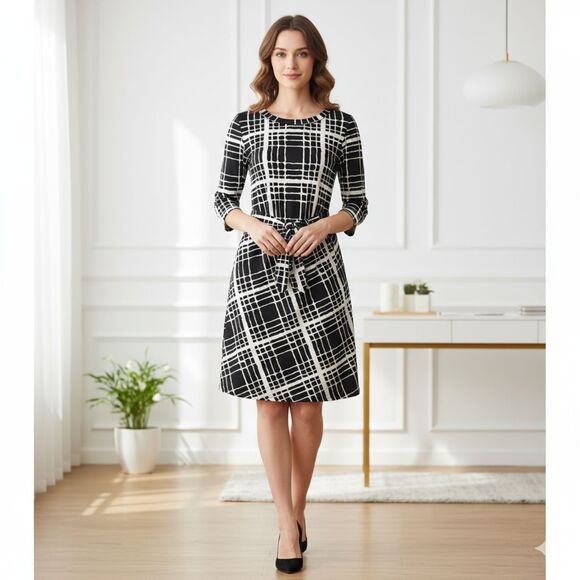 Tie Front Geo Prints Belted Quarter Sleeves Pullover Light  Zein  Bangkok Dress - Picture 1 of 12